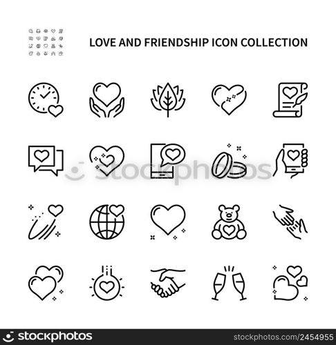 Love and friendship vector linear icons set. Heart, romantic letter, toy, wedding ring, clock, present, devotion and more. Isolated collection of love and friendship icons on white background.. Love and friendship vector line icons. Simple set of icons collection on white background. Love and friendship vector symbol set.