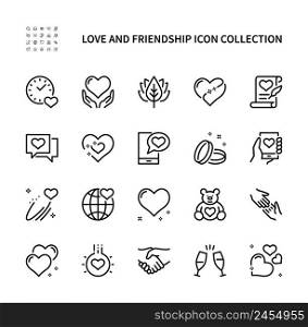 Love and friendship vector linear icons set. Heart, romantic letter, toy, wedding ring, clock, present, devotion and more. Isolated collection of love and friendship icons on white background.. Love and friendship vector line icons. Simple set of icons collection on white background. Love and friendship vector symbol set.