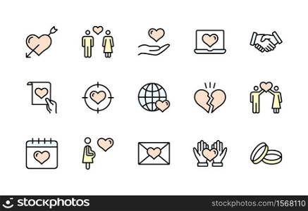 Love and heart, vector color linear icon set. Contains icons wedding, ring, couple, romance, romantic letter, happy couple, broken heart, friendship, handshake and much more. Vector character set.