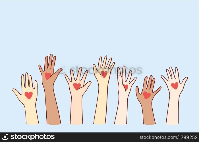 Love and international support concept. Human hands with red heart shape on palms raising up celebrating event mixed race group vector illustration. Love and international support concept