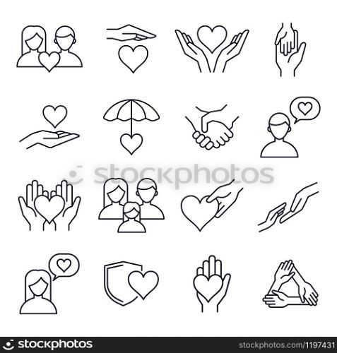 Love and kindness heart line icons. Friend, family, relationship and romantic heart signs, line art love heart elements, people relationships and friendship, volunteer vector isolated outline icons. Love and kindness heart line icons. Friends, family, relationships and romantic heart signs, line art love heart elements, people relationships vector isolated icons set