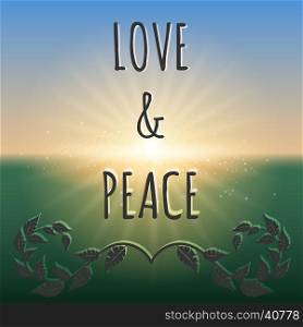 Love and peace boho style background. Love and peace lettering and floral branches. Boho style vector background
