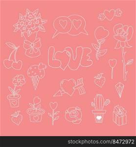 Love and romantic flowers doodle set. Rose and bridal bouquet, Cupids arrow and winged heart, cactus, flowerpots, gift and strawberries. Vector outline. isolated linear drawings for decor and design