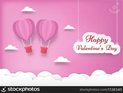Love and valentine day card with heart shaped hot air balloon. Holidays and important days. Vector paper cut style