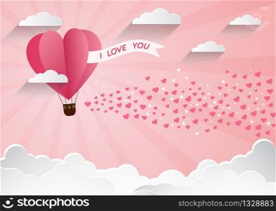 love and valentine day,Origami made hot air balloon flying over cloud with heart float on the sky.paper art style.