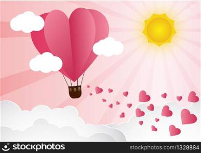 love and valentine day,Origami made hot air balloon flying over cloud with heart float on the sky.paper art style.