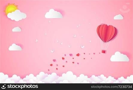 love and valentine day with heart float on the sky.paper art ,Origami made hot air balloon flying over grass vector illustration