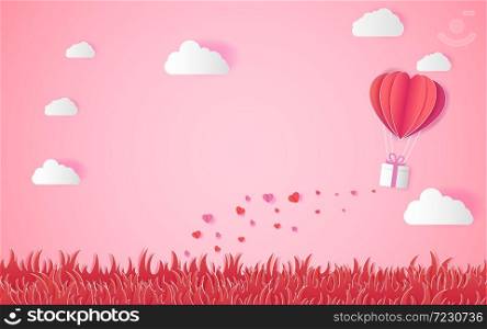 love and valentine day with heart float on the sky.paper art ,Origami made hot air balloon flying over grass vector illustration