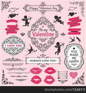 Love and valentine`s day design elements set, decorative flourish border corner and frame collection for invitation, menu and page decoration