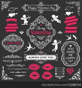 Love and valentine`s day design elements set, decorative flourish border corner and frame collection for invitation, menu and page decoration