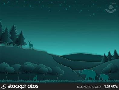 Love animals and nature concept,paper art and digital craft style with forest on night scene background,vector illustration