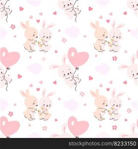 Love animals seamless pattern. Cute cartoon bunny with hearts, funny rabbits together. Pastel hare fly on heart balloon, nowaday childish vector print. Illustration of seamless animal rabbit. Love animals seamless pattern. Cute cartoon bunny with hearts, funny rabbits together. Pastel hare fly on heart balloon, nowaday childish vector print