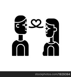 Love at first sight black glyph icon. Instantly falling in love. Mutual romantic feeling. Two people infatuated by each other. Silhouette symbol on white space. Vector isolated illustration. Love at first sight black glyph icon