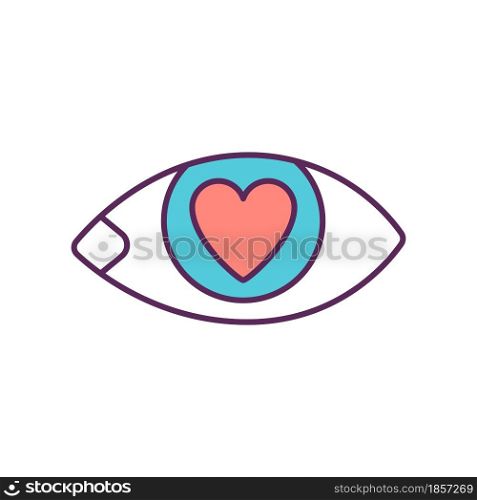 Love at first sight RGB color icon. First impression. See attractive and alluring things. Buying things to impress people. Consumerism. Isolated vector illustration. Simple filled line drawing. Love at first sight RGB color icon