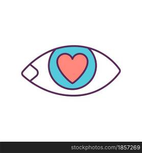 Love at first sight RGB color icon. First impression. See attractive and alluring things. Buying things to impress people. Consumerism. Isolated vector illustration. Simple filled line drawing. Love at first sight RGB color icon