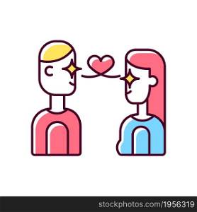 Love at first sight RGB color icon. Instantly falling in love. Mutual romantic feeling. Two people infatuated by each other. Isolated vector illustration. Simple filled line drawing. Love at first sight RGB color icon