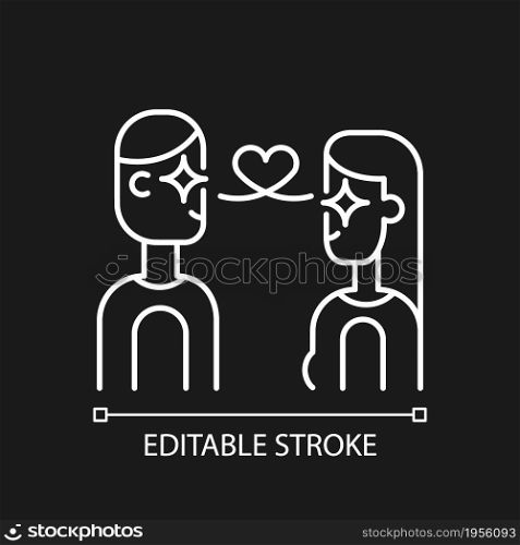 Love at first sight white linear icon for dark theme. Mutual feeling. Two people falling in love. Thin line customizable illustration. Isolated vector contour symbol for night mode. Editable stroke. Love at first sight white linear icon for dark theme