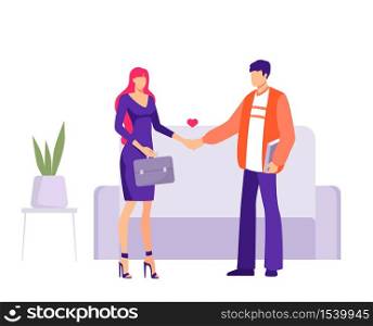 Love at work office affair concept. Man and woman characters holding hands employees in romantic relationships workers vector falling in love flirting and dating at workplace flat.. Love at work office affair concept. Man and woman characters holding hands employees in romantic.
