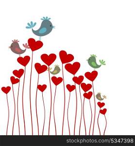 Love background3. The bird sings sitting on heart. A vector illustration