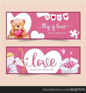 Love banner design with bear, doll, cupid watercolor illustration 