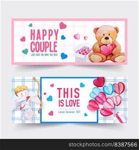 Love banner design with doll, cupid, box watercolor illustration 