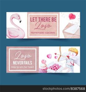 Love banner design with flamingo, letter, cupid watercolor illustration 