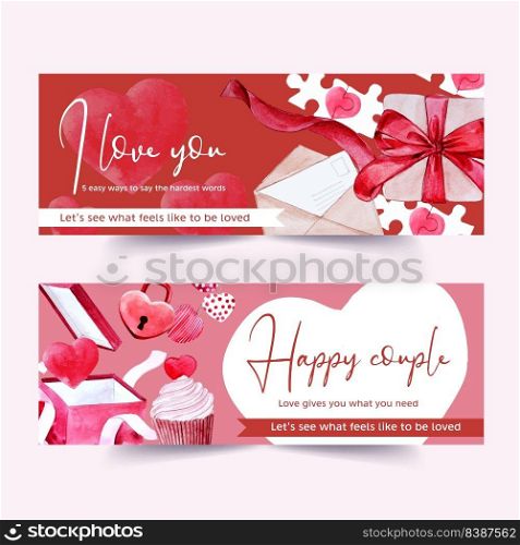 Love banner design with key, jigsaw, cupcake watercolor illustration 