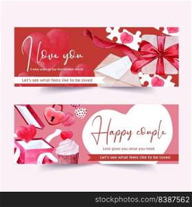 Love banner design with key, jigsaw, cupcake watercolor illustration 