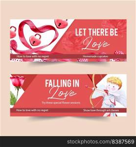 Love banner design with ribbon, key, cupid watercolor illustration 