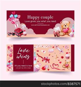 Love banner design with rose, bear, ribbon  watercolor illustration 