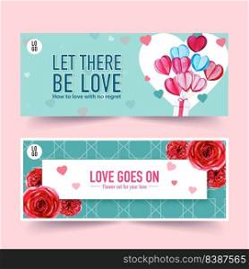 Love banner design with rose, hearts, gift watercolor illustration 