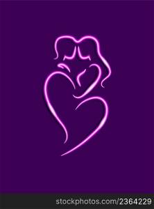 Love bond, elegant sketch outline of a couple in shape of heart. Honeymoon, Valentine calligraphy silhouette of man and woman hugging each other. Pink neon glowing light effect on violet background. Couple in heart, hug. Neon brush line symbol