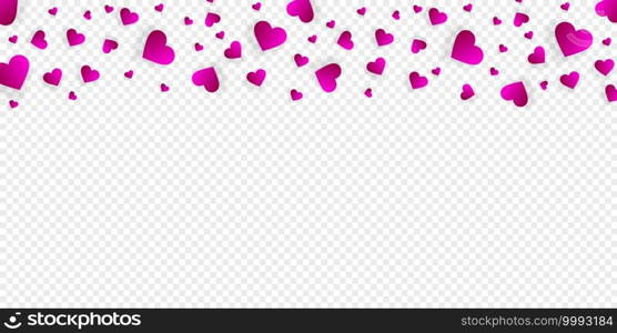 Love border with falling pink hearts, vector frame with scatter confetti petals. Horizontal up bordering, for Valentine day or wedding invitation card template isolated transparent background, pattern. Love border with falling pink hearts, vector frame