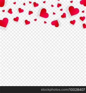 Love border with falling red hearts, vector frame with scatter confetti petals. Horizontal up bordering pattern for Valentines day or wedding invitation card template isolated transparent background. Love border with falling pink hearts, vector frame
