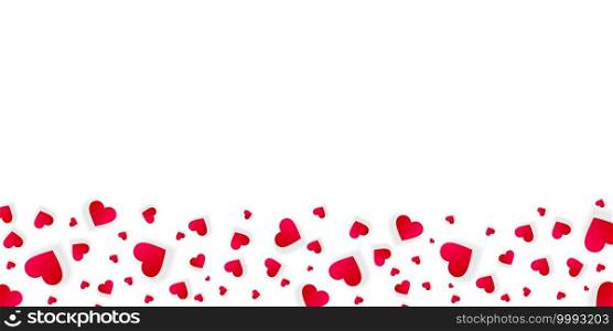 Love border with falling red hearts, vector frame with scatter confetti petals. Horizontal down bordering for Valentine day or wedding invitation card template isolated transparent background, pattern. Love border with falling pink hearts, vector frame