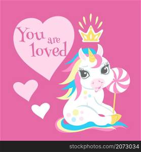Love card with cute unicorn. Pink square poster with hearts isolated on white background. Love card with cute unicorn. Pink square poster with hearts
