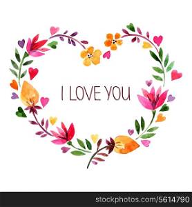 Love card with watercolor floral bouquet. Valentine?s Day vector illustration with heart form