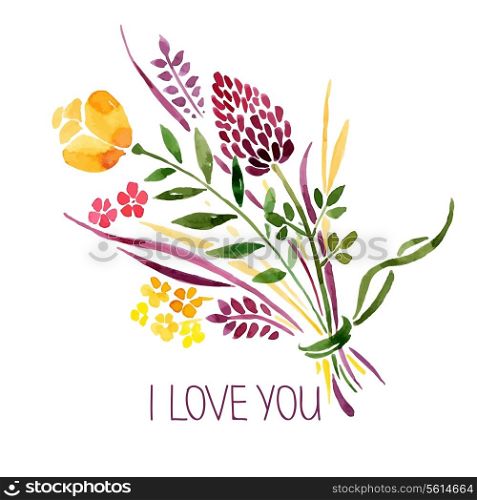 Love card with watercolor floral bouquet. Vector illustration
