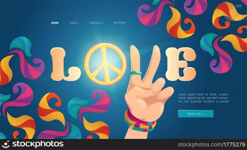 Love cartoon landing page with hippie hand show peace gesture on colorful ornate psychedelic background. Rock-n-roll hippy festival booking tickets service, musical concert, festival Vector web banner. Love cartoon landing with hippie hand show peace