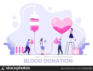 Love Charity or Blood Donation Through a Team of Volunteers Collaborating to Help and Collect Donations for Poster or Banner in Flat Design Illustration