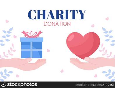 Love Charity or Giving Donation via Volunteer Team Worked Together to Help and Collect Donations for Poster or Banner in Flat Design Illustration