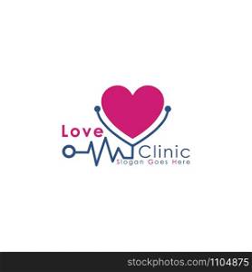 Love clinic logo design. Stethoscope and heart icon vector design. Health and medicine symbol.