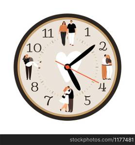 Love clock vector illustration. Watch with couples in love. Love clock icon