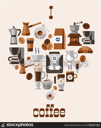 Love coffee concept with grinder hot cup pack cream beans turk french press decorative icons vector illustration