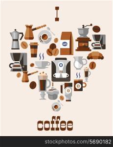 Love coffee concept with grinder hot cup pack cream beans turk french press decorative icons vector illustration