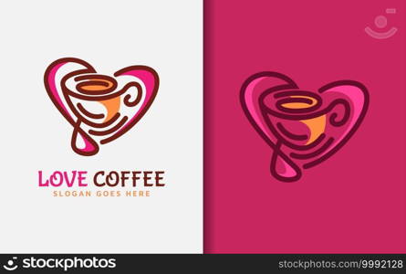 Love Coffee Logo Design. Abstract Minimalist Love Shape Combined with Coffee Mug Design Concept. Flat Vector Logo Illustration.
