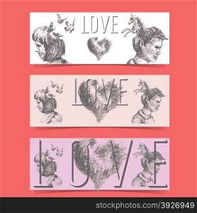 Love concept banners with a couple and fantastic imagery. The text Love, the heart, the woman and butterflies, the man and unicorn are each grouped separately.