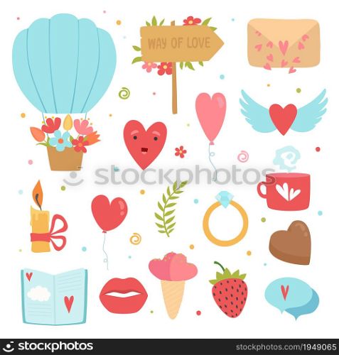Love concept icons. Romance symbols marriage flowers hearts envelope cake vector flat pictures collection. Illustration romance elements and heart, expression love romantic. Love concept icons. Romance symbols marriage flowers hearts envelope cake vector flat pictures collection