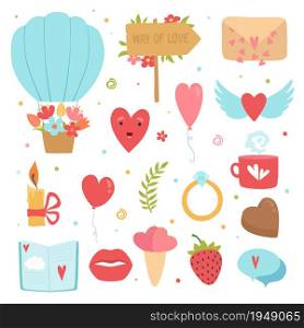 Love concept icons. Romance symbols marriage flowers hearts envelope cake vector flat pictures collection. Illustration romance elements and heart, expression love romantic. Love concept icons. Romance symbols marriage flowers hearts envelope cake vector flat pictures collection