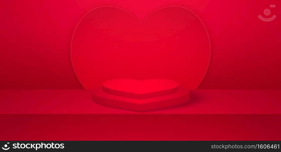 love concept, realistic heart shape podium or pedestal with red empty studio room, minimal product heart background, template mock up for display, valentines day